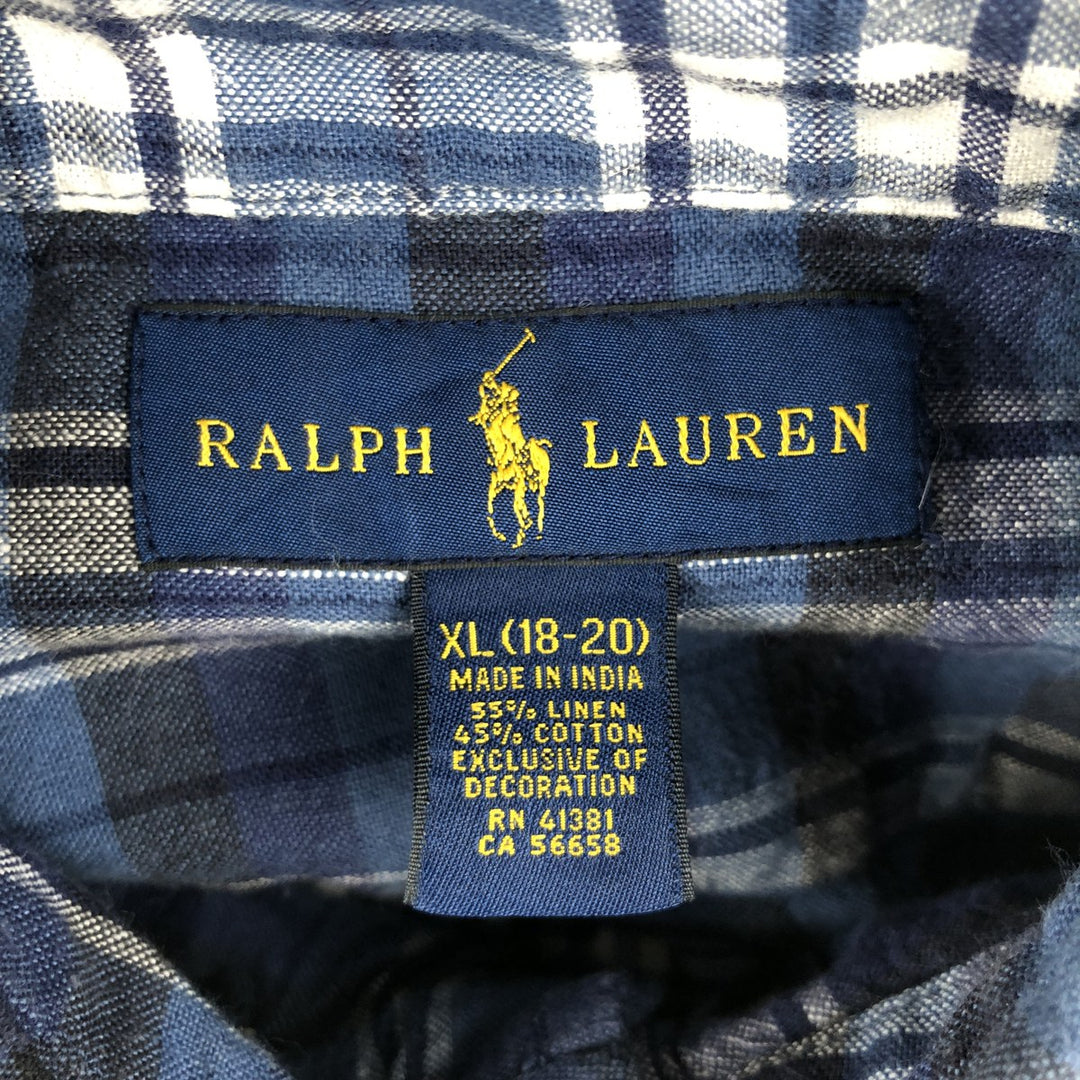 Ralph Lauren check pattern button-down short-sleeved cotton x linen shirt, women's size L (approx.) linen navy blue type Vintage Second Hand