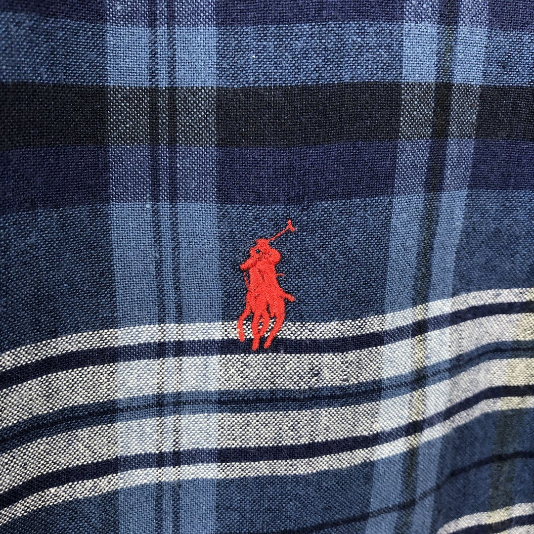Ralph Lauren check pattern button-down short-sleeved cotton x linen shirt, women's size L (approx.) linen navy blue type Vintage Second Hand