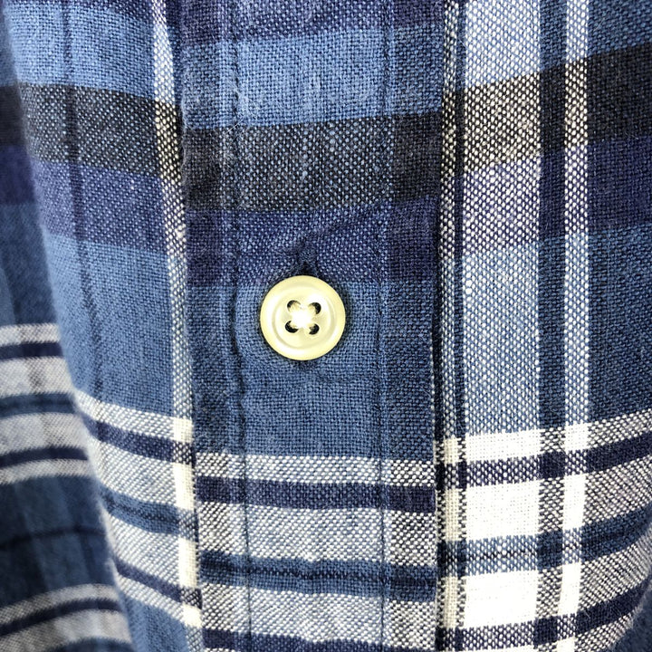 Ralph Lauren check pattern button-down short-sleeved cotton x linen shirt, women's size L (approx.) linen navy blue type Vintage Second Hand