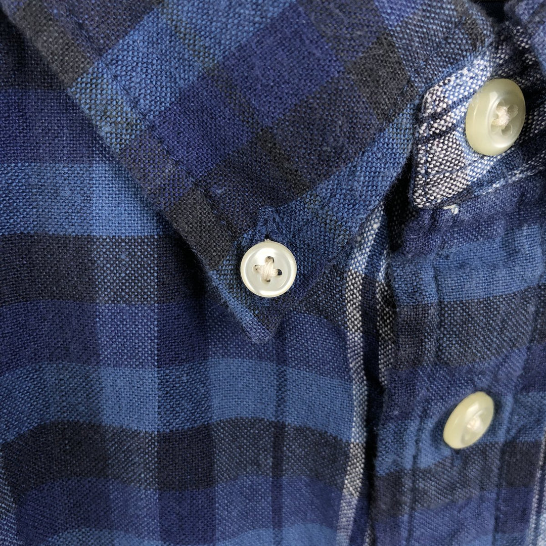 Ralph Lauren check pattern button-down short-sleeved cotton x linen shirt, women's size L (approx.) linen navy blue type Vintage Second Hand