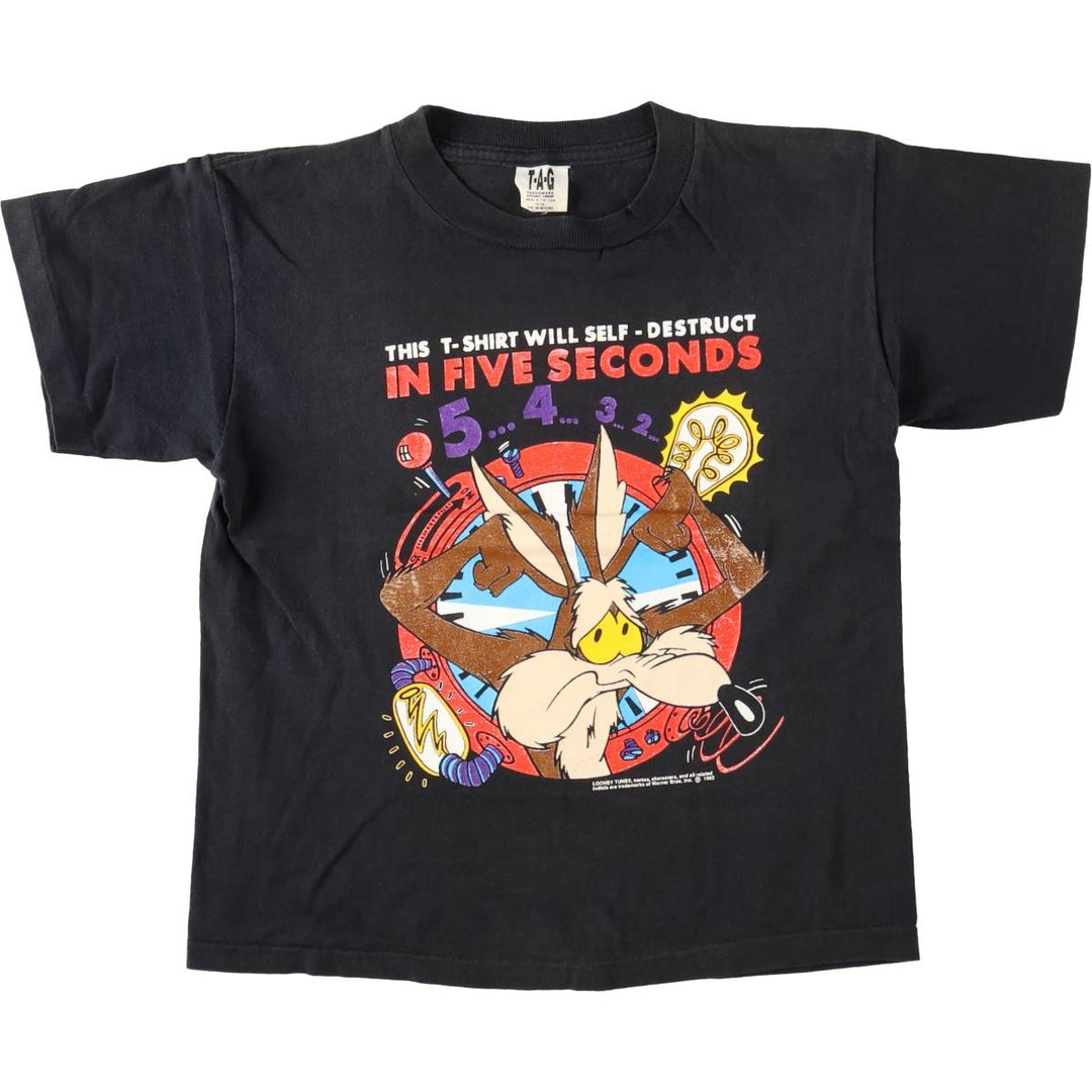 90'S TAG Looney Tunes Wile E. Coyote Character Print T-Shirt, Made in USA, Women's Size M (approx.), Vintage cotton black type Vintage Second Hand