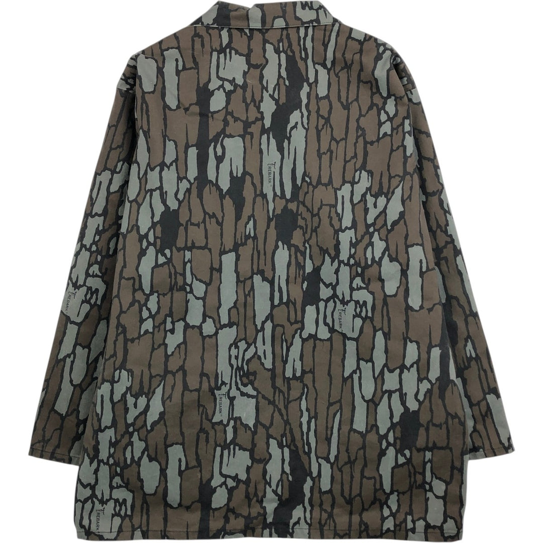 90'S Camouflage Pattern Treebark Camo BDU Type Open Collar Hunting Shirt Jacket, Made in USA, Men's XL Equivalent cotton gray type Vintage Second Hand