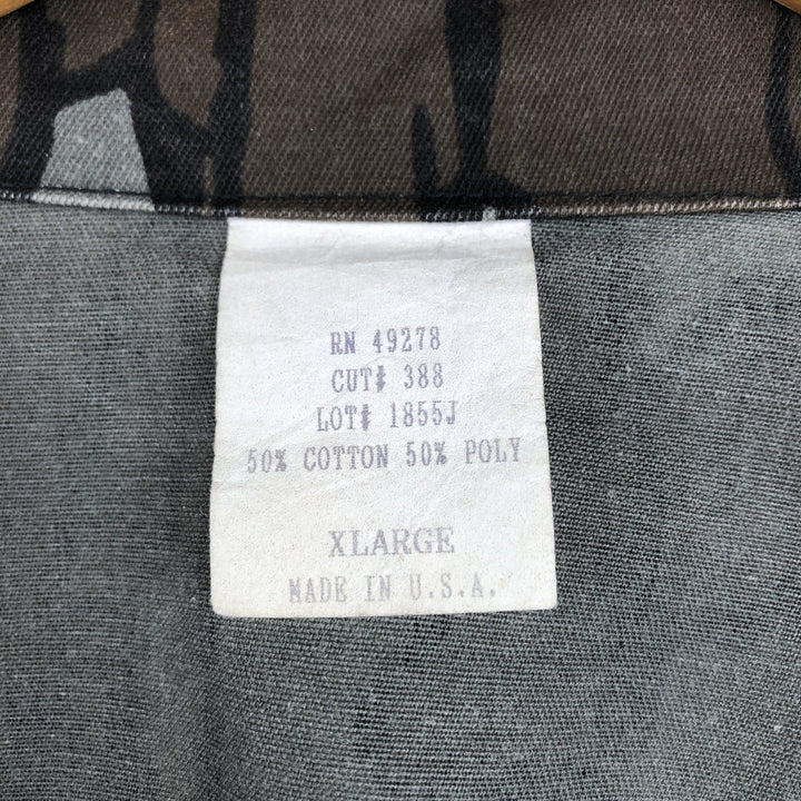 90'S Camouflage Pattern Treebark Camo BDU Type Open Collar Hunting Shirt Jacket, Made in USA, Men's XL Equivalent cotton gray type Vintage Second Hand