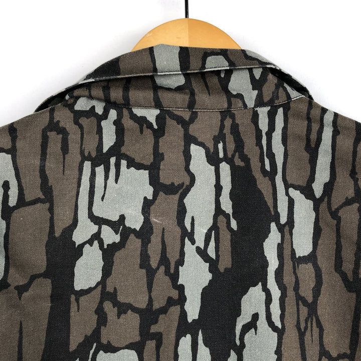 90'S Camouflage Pattern Treebark Camo BDU Type Open Collar Hunting Shirt Jacket, Made in USA, Men's XL Equivalent cotton gray type Vintage Second Hand