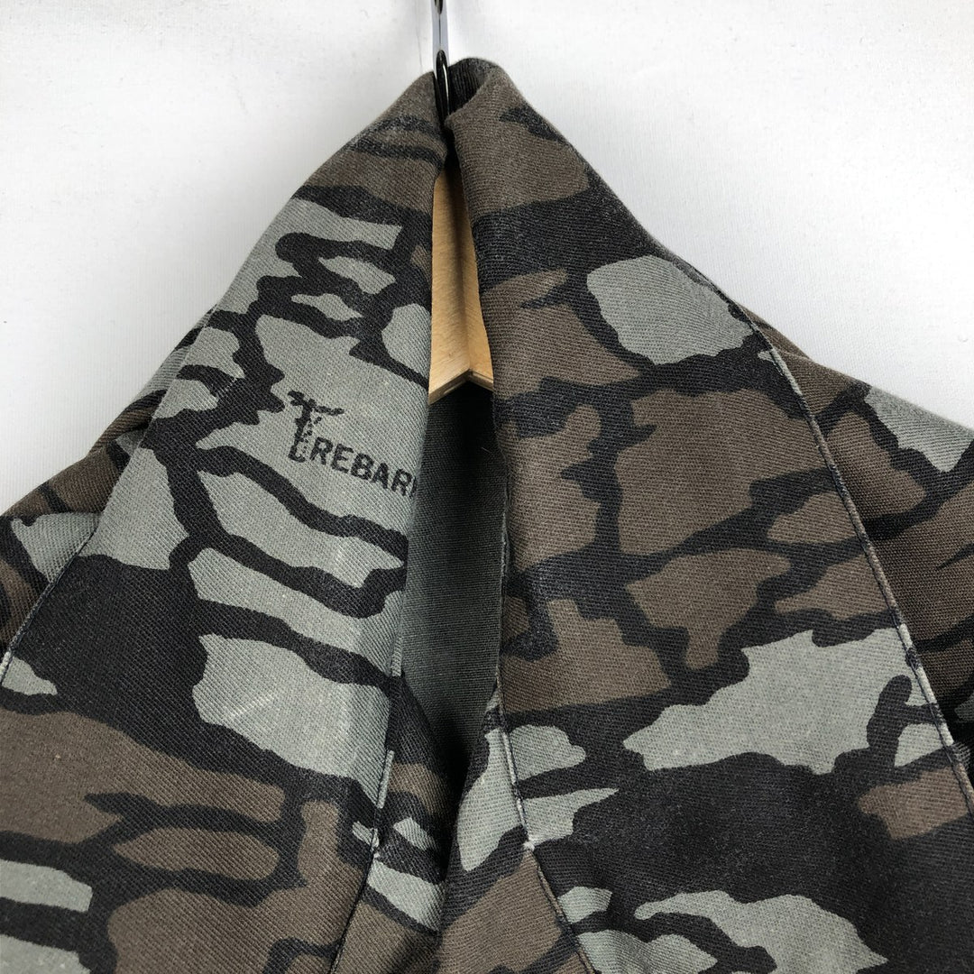 90'S Camouflage Pattern Treebark Camo BDU Type Open Collar Hunting Shirt Jacket, Made in USA, Men's XL Equivalent cotton gray type Vintage Second Hand