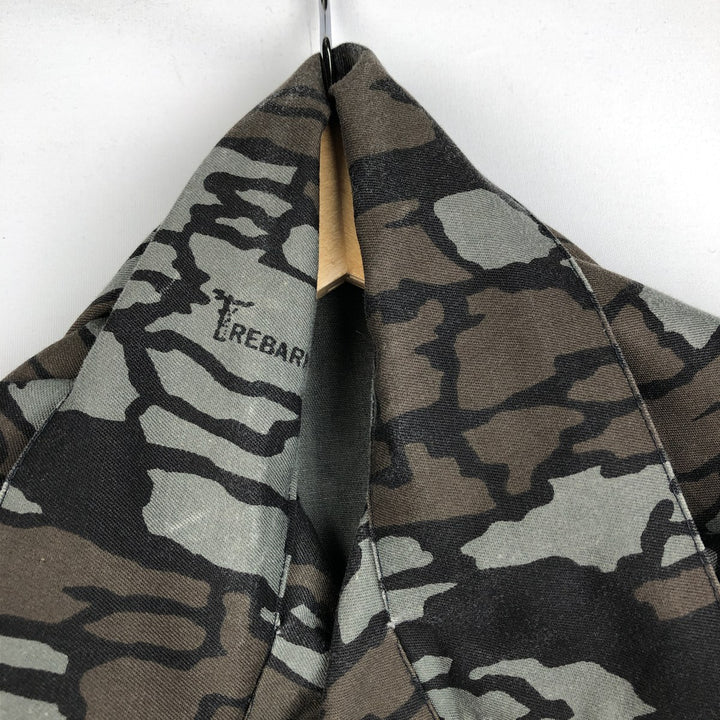 90'S Camouflage Pattern Treebark Camo BDU Type Open Collar Hunting Shirt Jacket, Made in USA, Men's XL Equivalent cotton gray type Vintage Second Hand