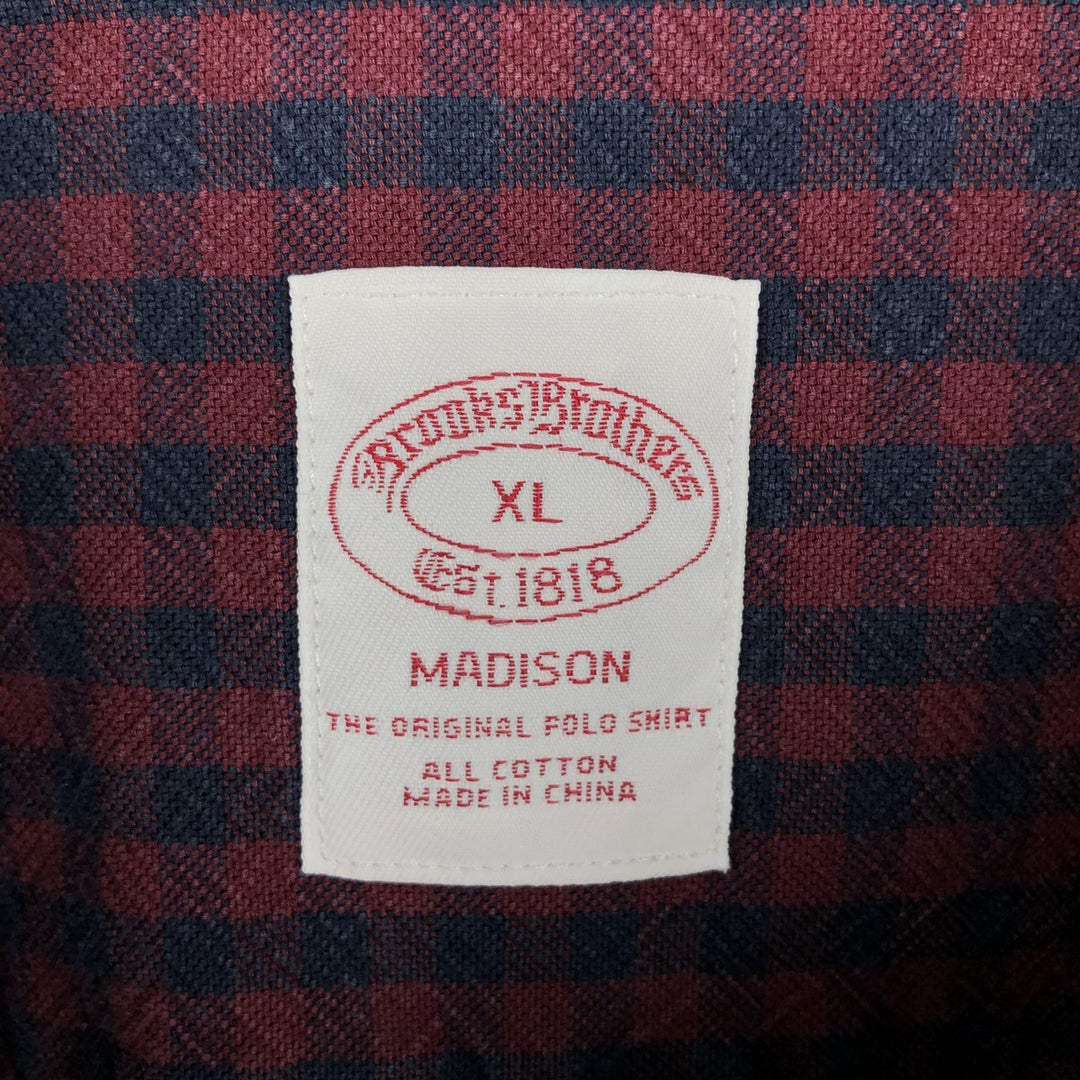 Brooks Brothers Est.1818 Madison Gingham Check Long-Sleeve Button-Down Check Shirt, Men's Size XL (approx.) cotton burgundy type Vintage Second Hand