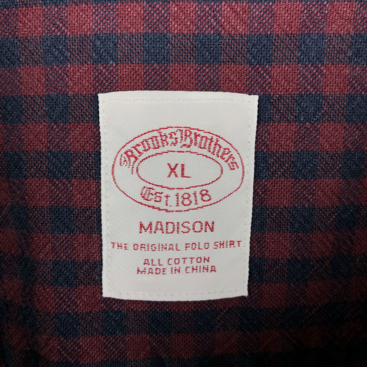 Brooks Brothers Est.1818 Madison Gingham Check Long-Sleeve Button-Down Check Shirt, Men's Size XL (approx.) cotton burgundy type Vintage Second Hand