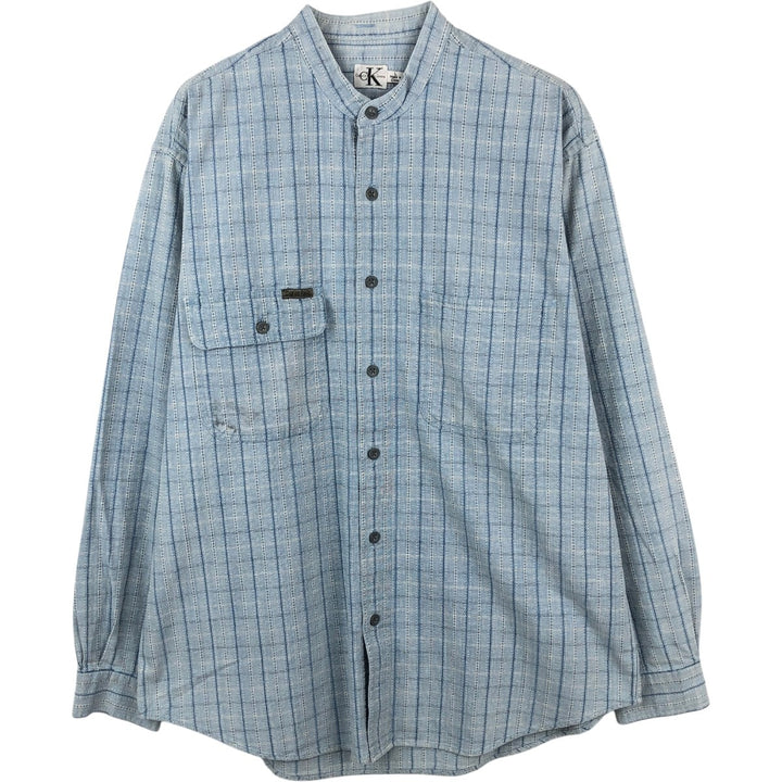 90s-00'S Calvin Klein Jeans Stand Collar Long Sleeve Cotton Check Shirt Men's Size L (approx.) Vintage cotton Blue type light blue Vintage Second Hand