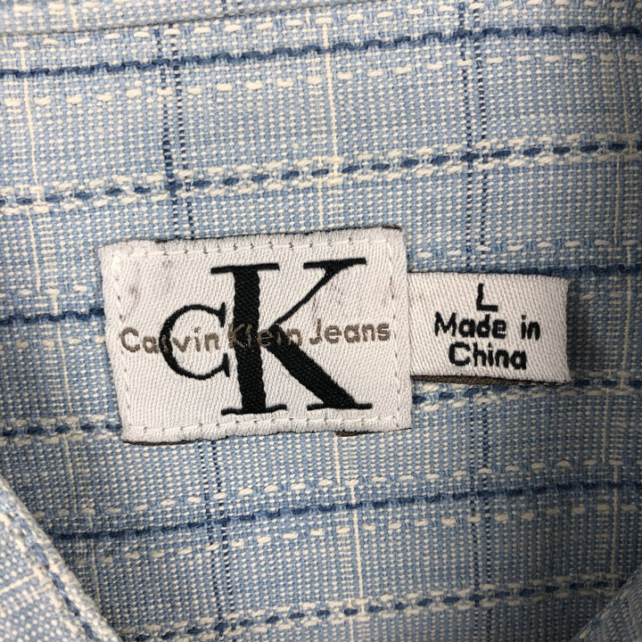 90s-00'S Calvin Klein Jeans Stand Collar Long Sleeve Cotton Check Shirt Men's Size L (approx.) Vintage cotton Blue type light blue Vintage Second Hand
