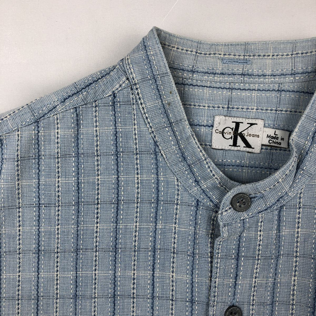 90s-00'S Calvin Klein Jeans Stand Collar Long Sleeve Cotton Check Shirt Men's Size L (approx.) Vintage cotton Blue type light blue Vintage Second Hand