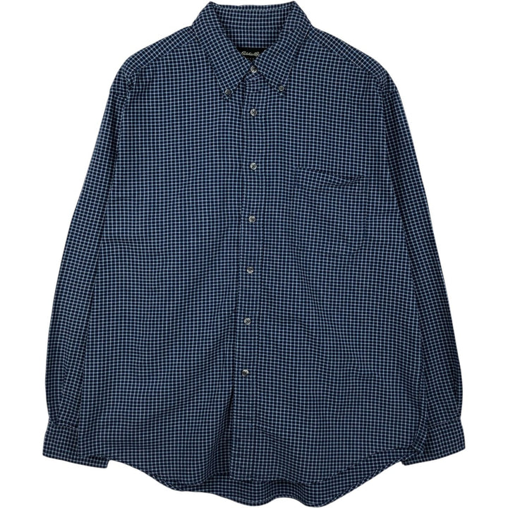 Eddie Bauer Long Sleeve Button-Down Check Shirt, Men's Size L cotton navy blue type Vintage Second Hand