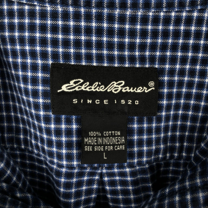 Eddie Bauer Long Sleeve Button-Down Check Shirt, Men's Size L cotton navy blue type Vintage Second Hand