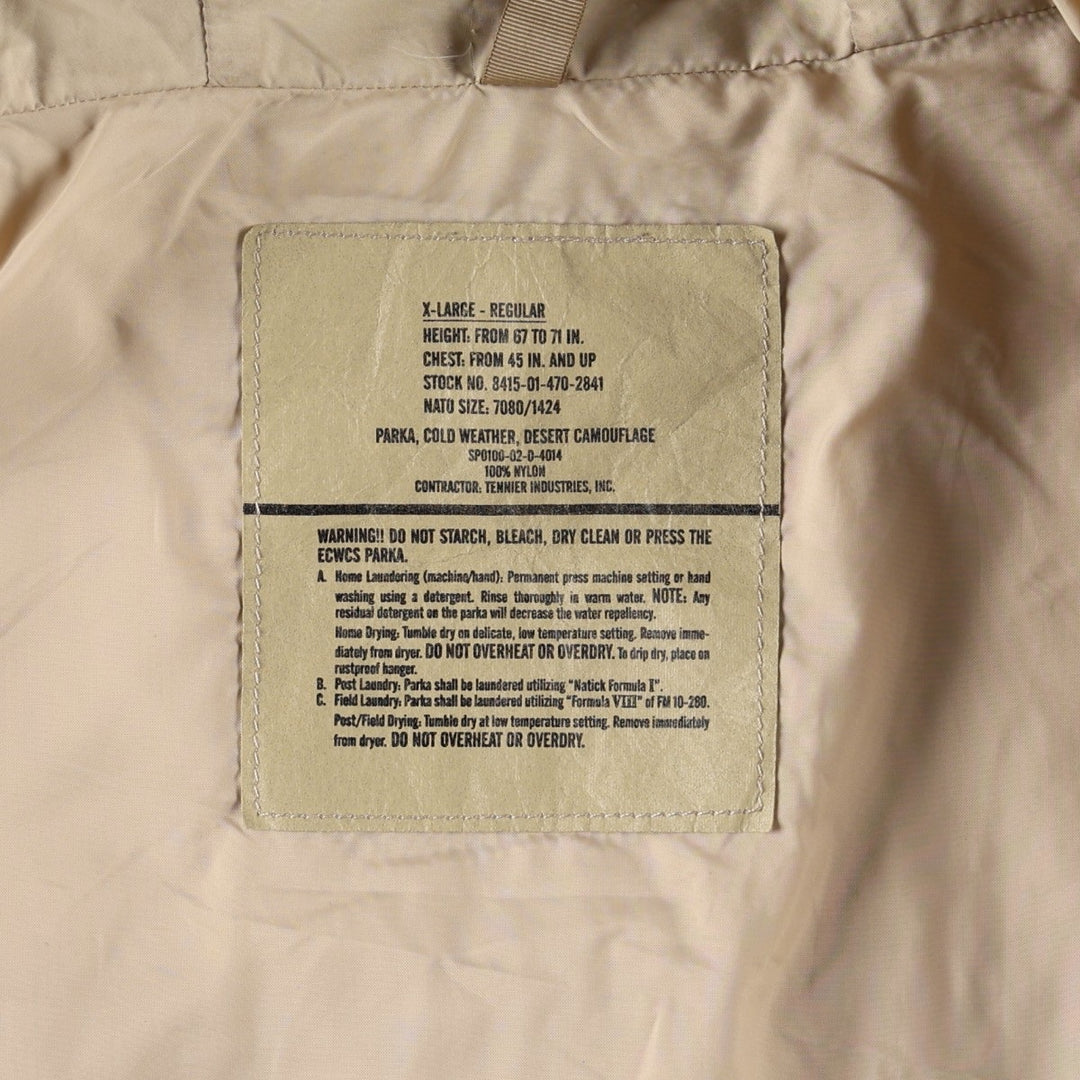 Authentic 2000'S US Military Camouflage Pattern 3C Desert Camo ECWCS 1st Gen Late Model Military Gore-Tex Parka, Made in USA, Size X-LARGE-REGULAR Nylon Beige type Vintage Second Hand