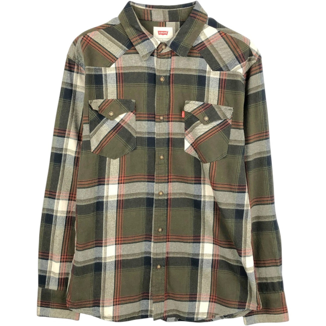 Levi's long-sleeved Western flannel check shirt, men's size L (approx.) cotton Khaki type Vintage Second Hand
