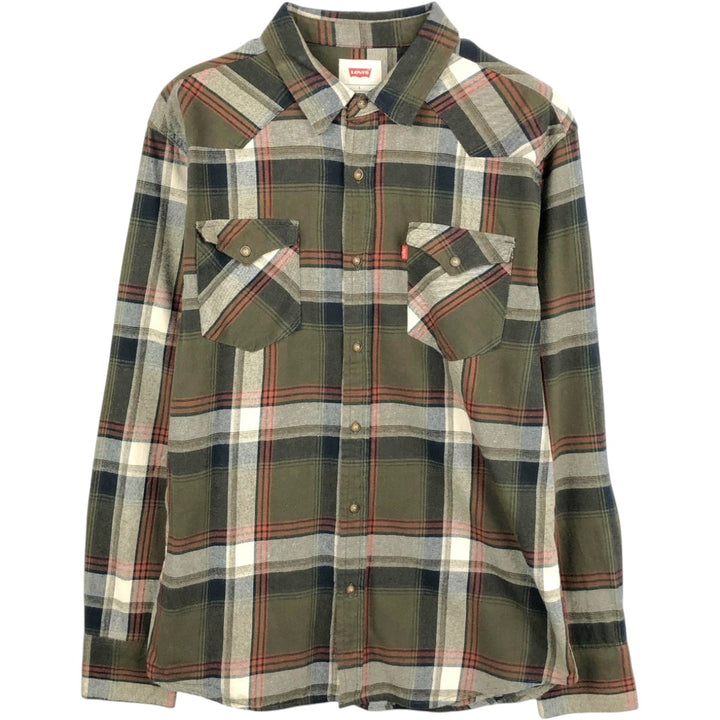 Levi's long-sleeved Western flannel check shirt, men's size L (approx.) cotton Khaki type Vintage Second Hand