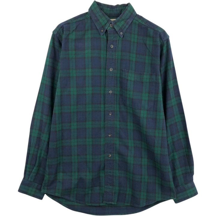 LLBean Blackwatch Check Long-Sleeve Button-Down Flannel Check Shirt, Men's Size S (approx.) cotton navy blue type Vintage Second Hand