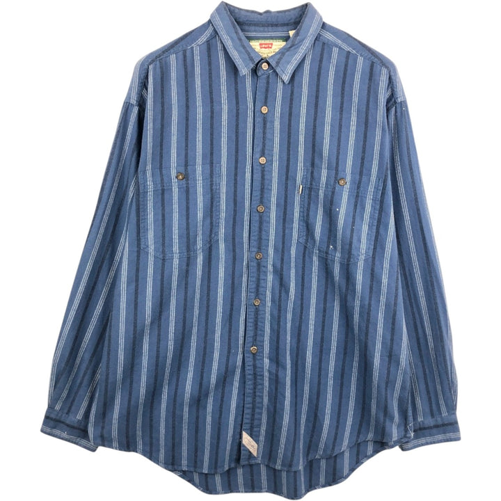 90'S Levi's Stripe Pattern Multi-Striped Long-Sleeve Flannel Shirt, Men's Size XL (Equivalent), Vintage cotton blue type Vintage Second Hand