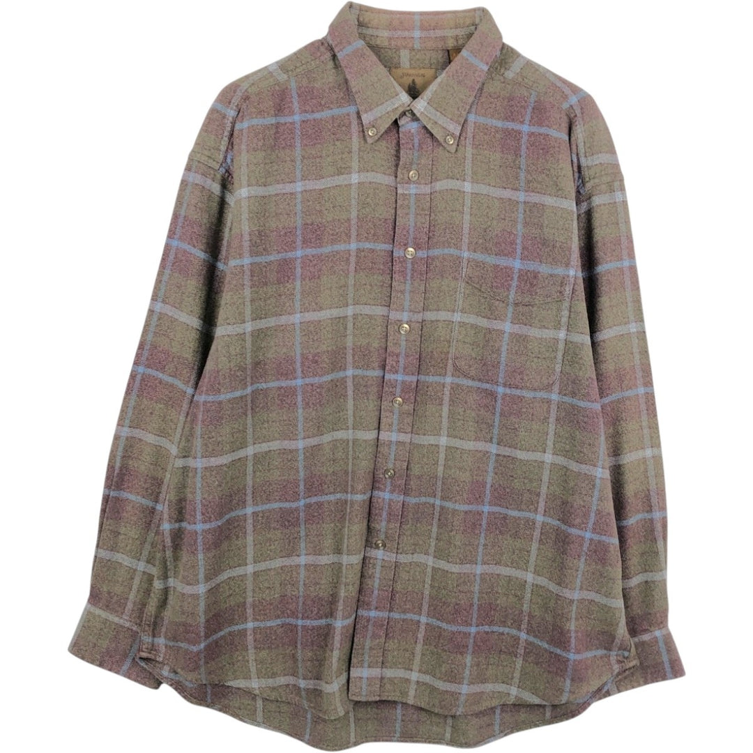 90s-00'S St. John's Bay long-sleeved button-down flannel check shirt, men's size XL (approx.) cotton Khaki type brown Vintage Second Hand