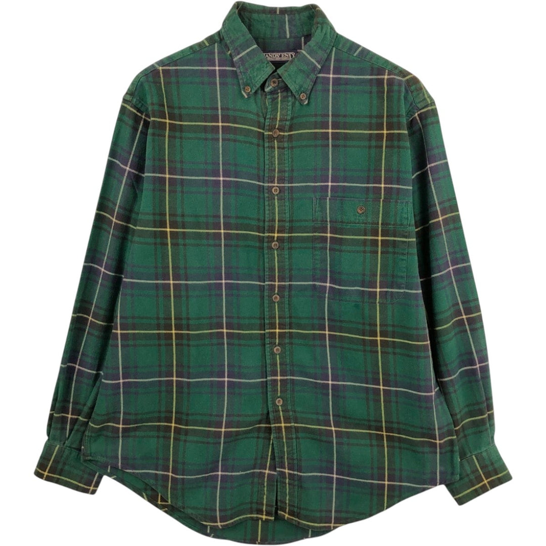 Lands' End Long-Sleeve Button-Down Flannel Check Shirt, Made in USA, Men's Size L (Equivalent), Vintage cotton Green type dark green Vintage Second Hand