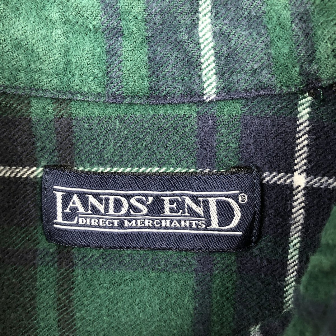 Lands' End Long-Sleeve Button-Down Flannel Check Shirt, Made in USA, Men's Size L (Equivalent), Vintage cotton Green type dark green Vintage Second Hand