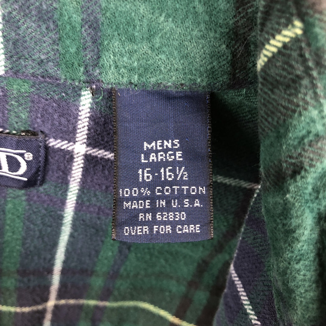 Lands' End Long-Sleeve Button-Down Flannel Check Shirt, Made in USA, Men's Size L (Equivalent), Vintage cotton Green type dark green Vintage Second Hand