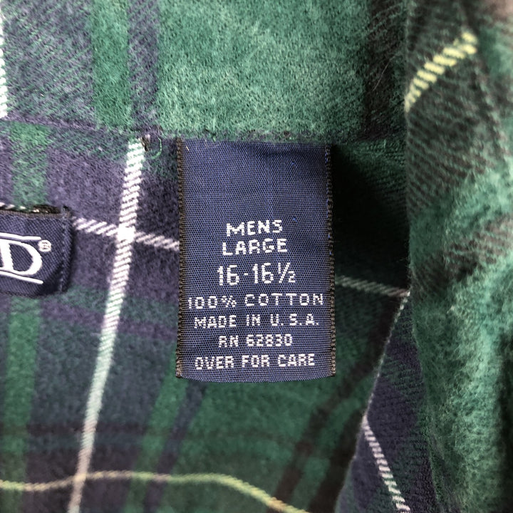 Lands' End Long-Sleeve Button-Down Flannel Check Shirt, Made in USA, Men's Size L (Equivalent), Vintage cotton Green type dark green Vintage Second Hand