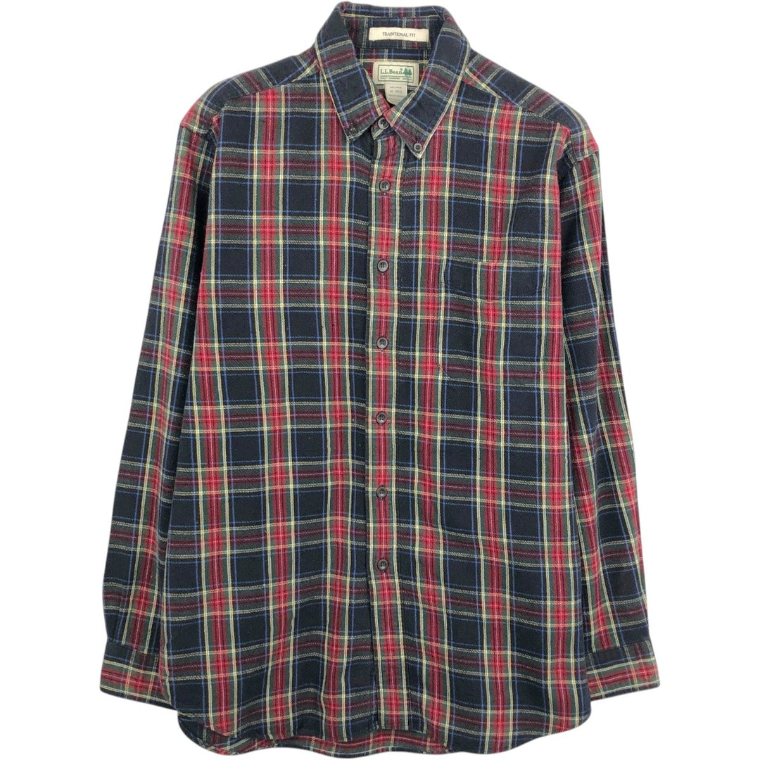 LLBean Traditional Fit Long-Sleeve Button-Down Flannel Check Shirt, Men's Size M (approx.) cotton black type Vintage Second Hand