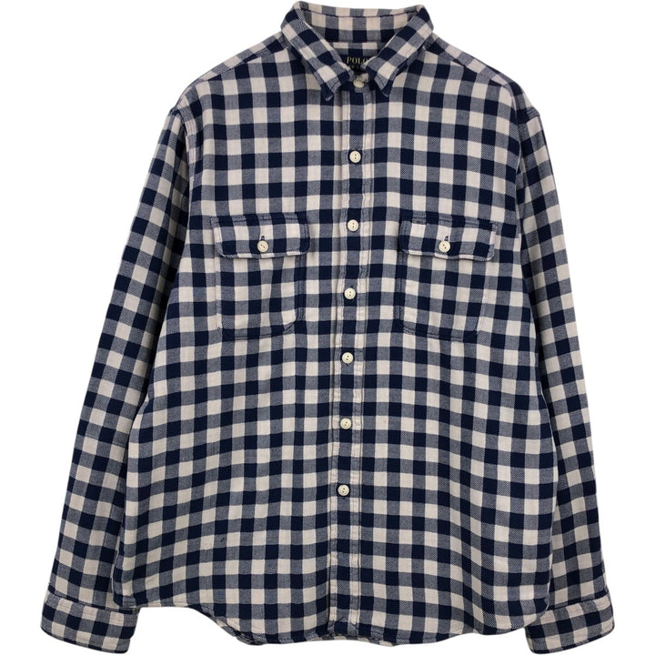Ralph Lauren POLO RALPH LAUREN Gingham Check Long-Sleeve Flannel Check Shirt, Men's Size XL (approx.) cotton navy blue type Vintage Second Hand