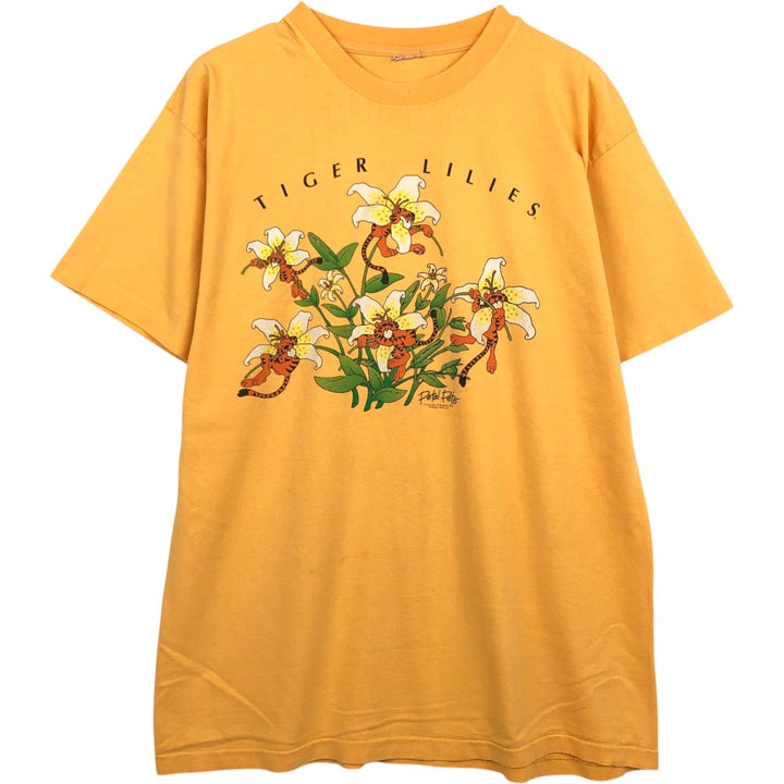 90'S Tiger Pattern Floral Print T-Shirt, Men's Size L (approx.), Vintage unclear yellow type Vintage Second Hand
