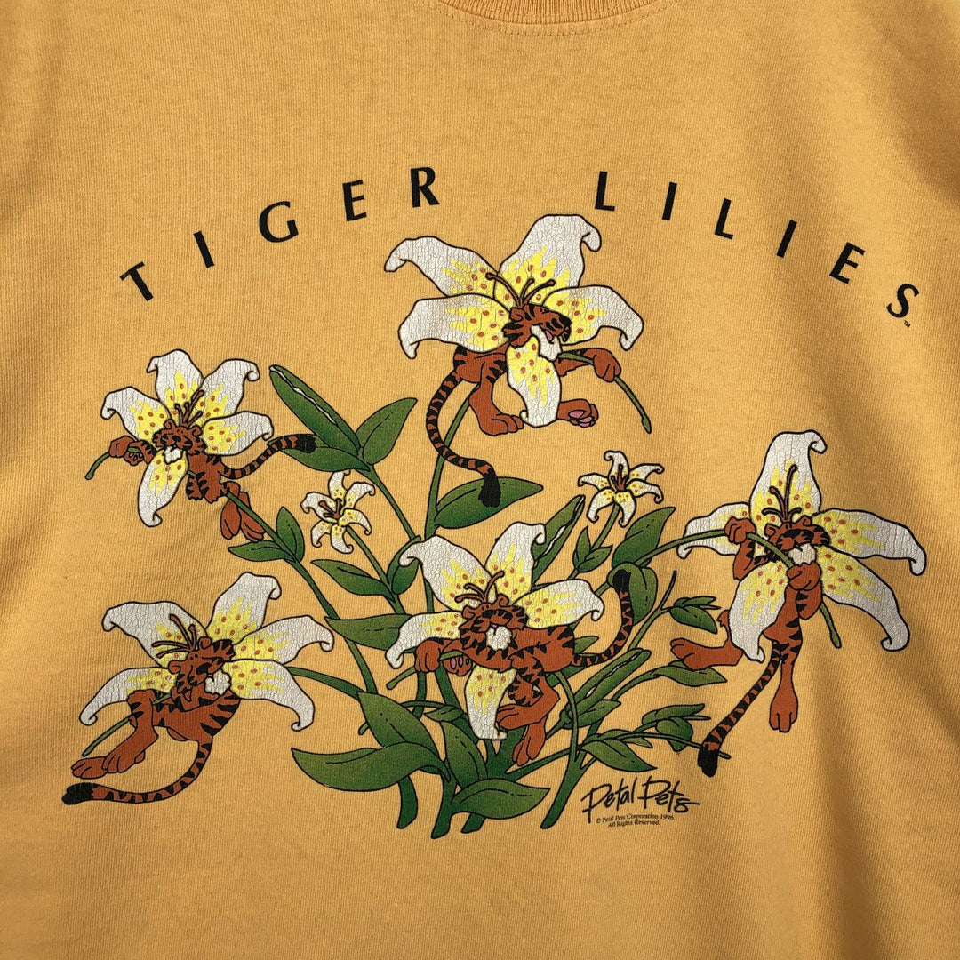 90'S Tiger Pattern Floral Print T-Shirt, Men's Size L (approx.), Vintage unclear yellow type Vintage Second Hand