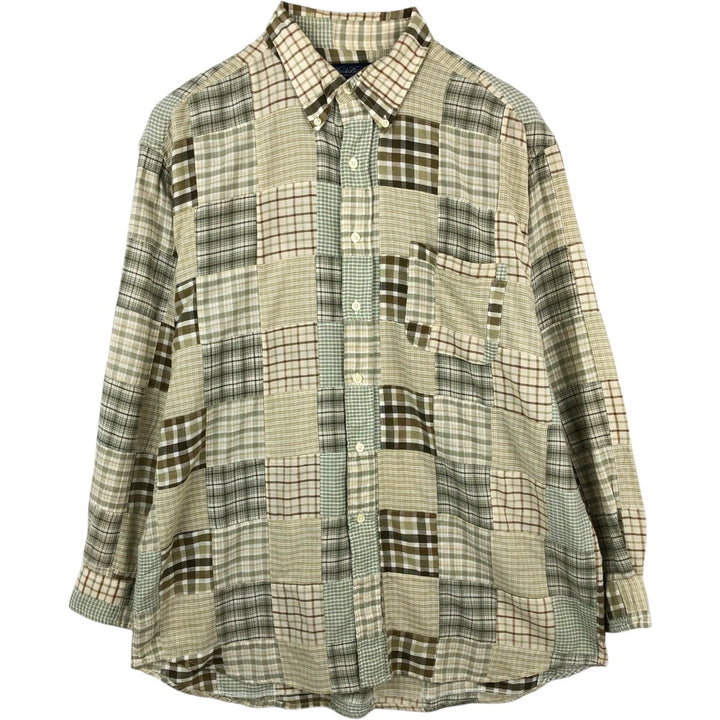 Brooks Brothers Patchwork Long-Sleeve Button-Down Check Shirt, Men's Size L (approx.) cotton Khaki type sage green Vintage Second Hand