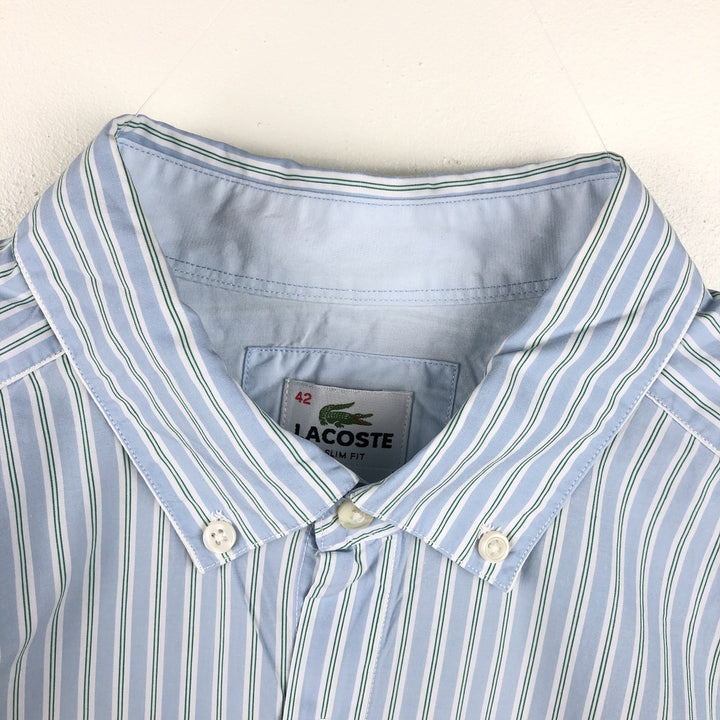 Lacoste (LACOSTE) France-designed slim fit long-sleeved button-down striped shirt, men's size L (approx.) cotton Blue type light blue Vintage Second Hand