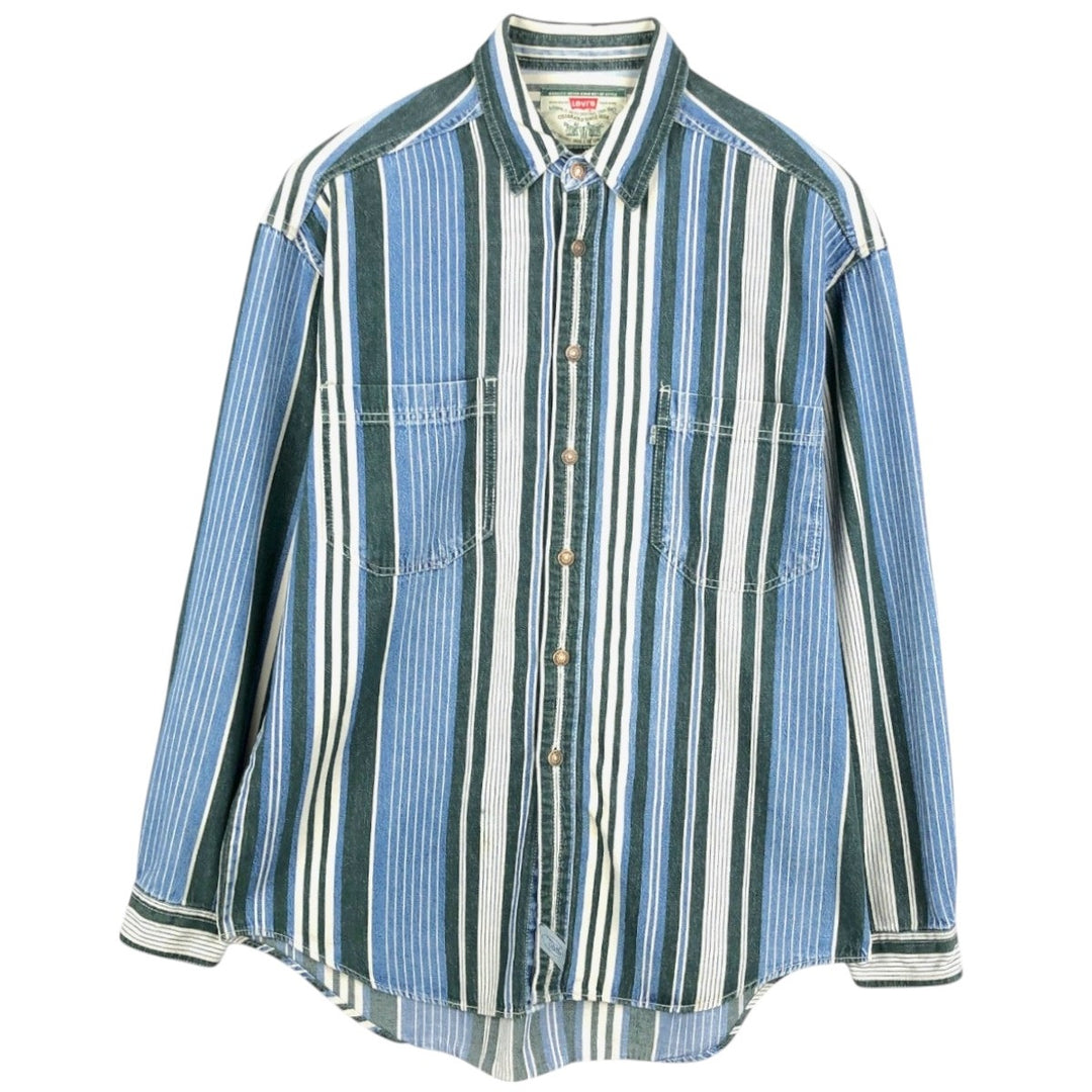 Levi's Stripe Pattern Long-Sleeve Denim Shirt, Men's Size XL (approx.) unclear blue type Vintage Second Hand