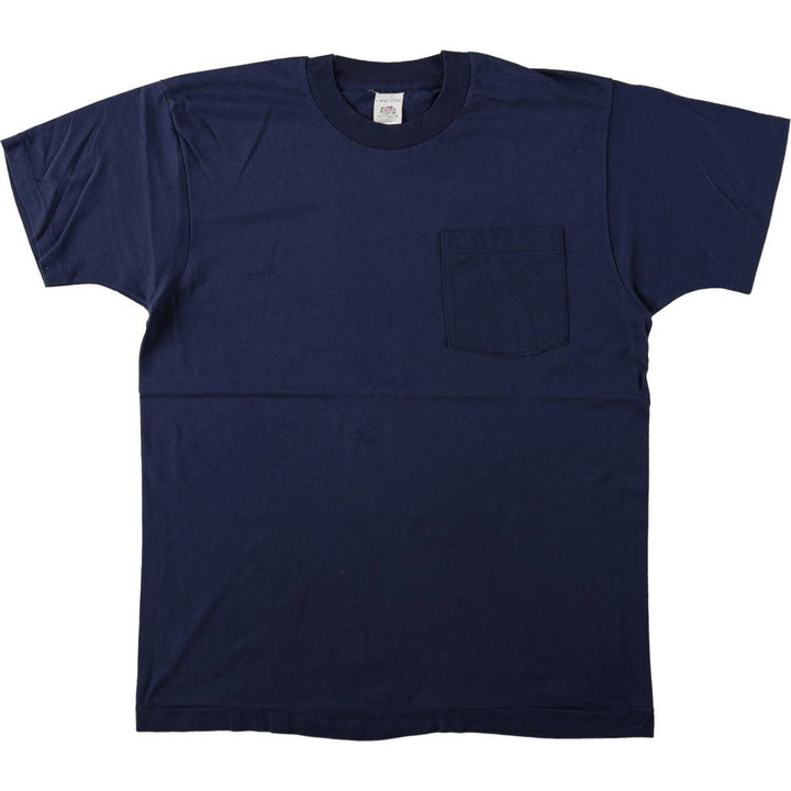 Vintage 1980'S Fruit of the Loom plain pocket T-shirt, made in the USA, size L, men's cotton navy blue type Vintage Second Hand