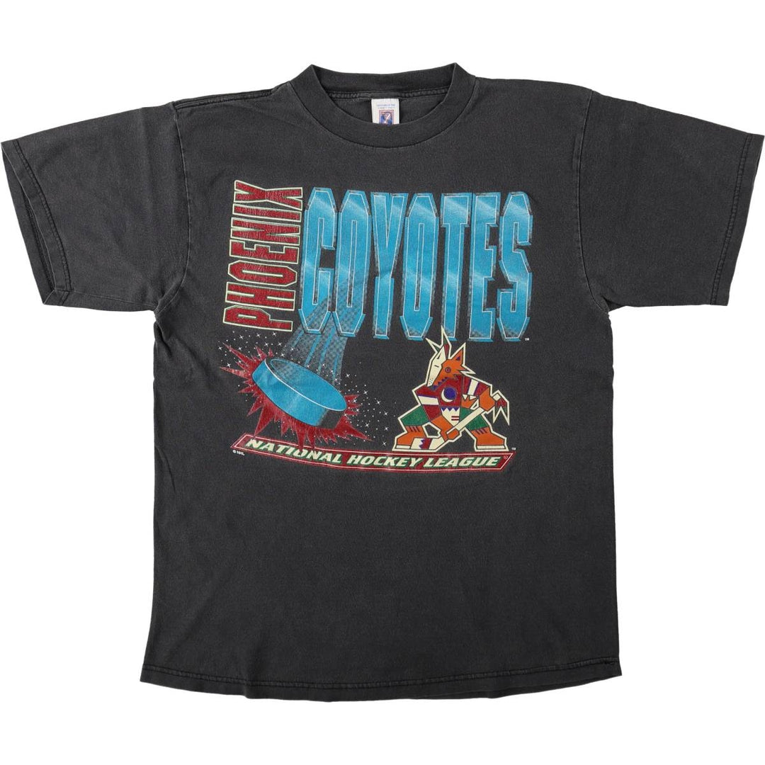 90'S LOGO7 NHL Arizona Coyotes Sports Print T-Shirt, Men's Size L (approx.), Vintage cotton black type Vintage Second Hand