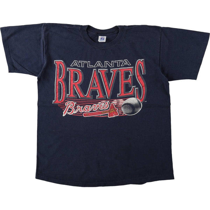 90'S Logo Seven MLB Atlanta Braves Sports Print T-Shirt, Made in USA, Men's Size L (approx.), Vintage cotton navy blue type Vintage Second Hand
