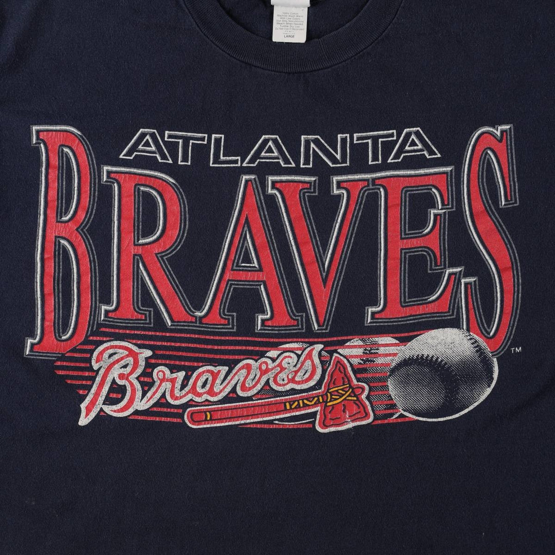 90'S Logo Seven MLB Atlanta Braves Sports Print T-Shirt, Made in USA, Men's Size L (approx.), Vintage cotton navy blue type Vintage Second Hand