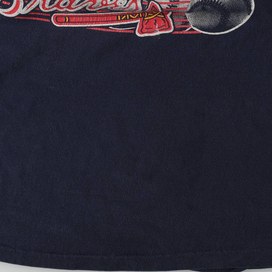 90'S Logo Seven MLB Atlanta Braves Sports Print T-Shirt, Made in USA, Men's Size L (approx.), Vintage cotton navy blue type Vintage Second Hand