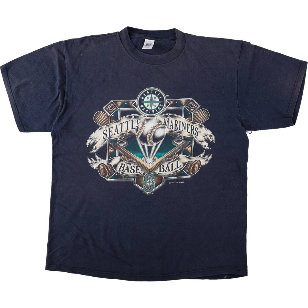 90'S LOGO7 MLB SEATTLE MARINERS Sports Print T-Shirt, Men's XL (approx.) Vintage cotton navy blue type Vintage Second Hand