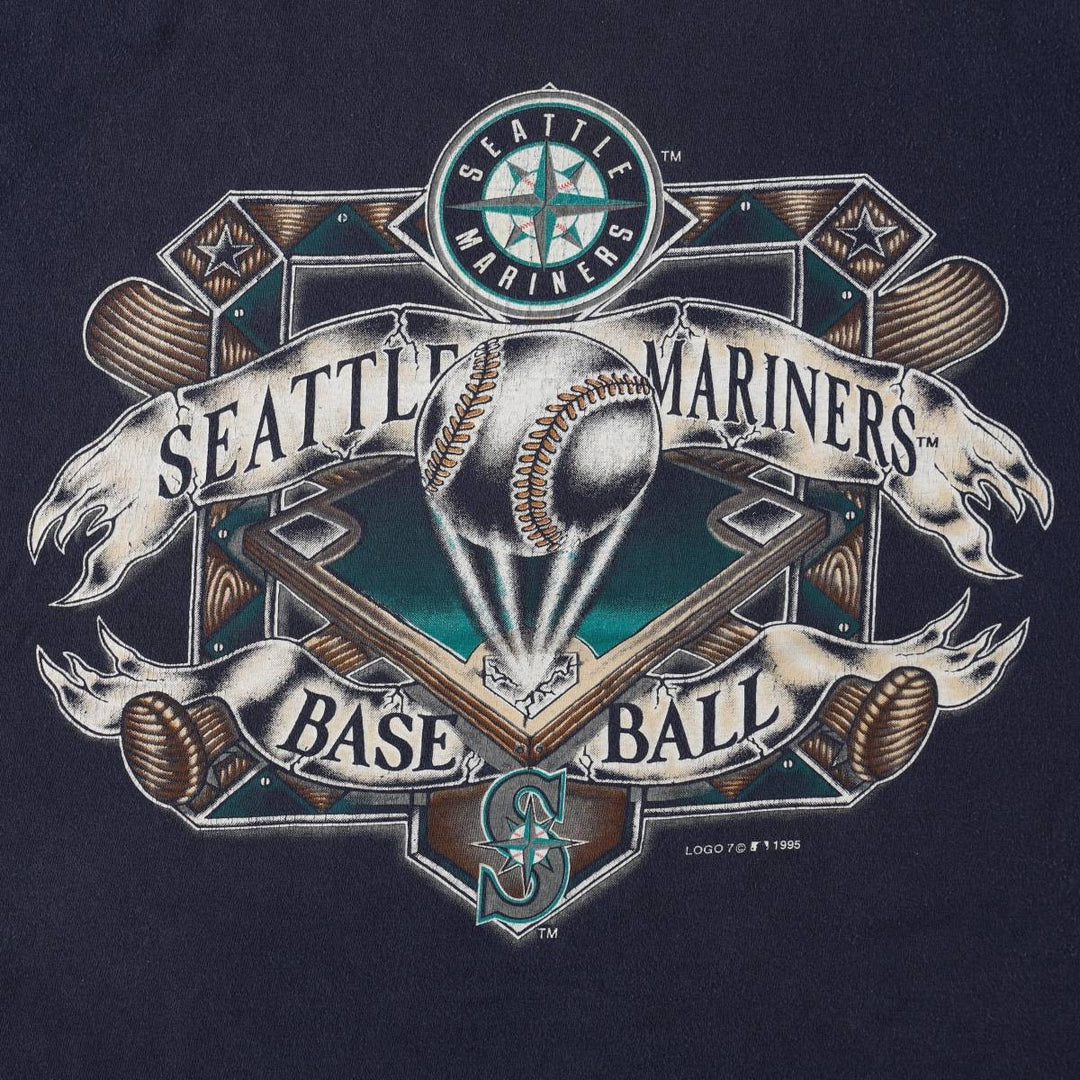 90'S LOGO7 MLB SEATTLE MARINERS Sports Print T-Shirt, Men's XL (approx.) Vintage cotton navy blue type Vintage Second Hand