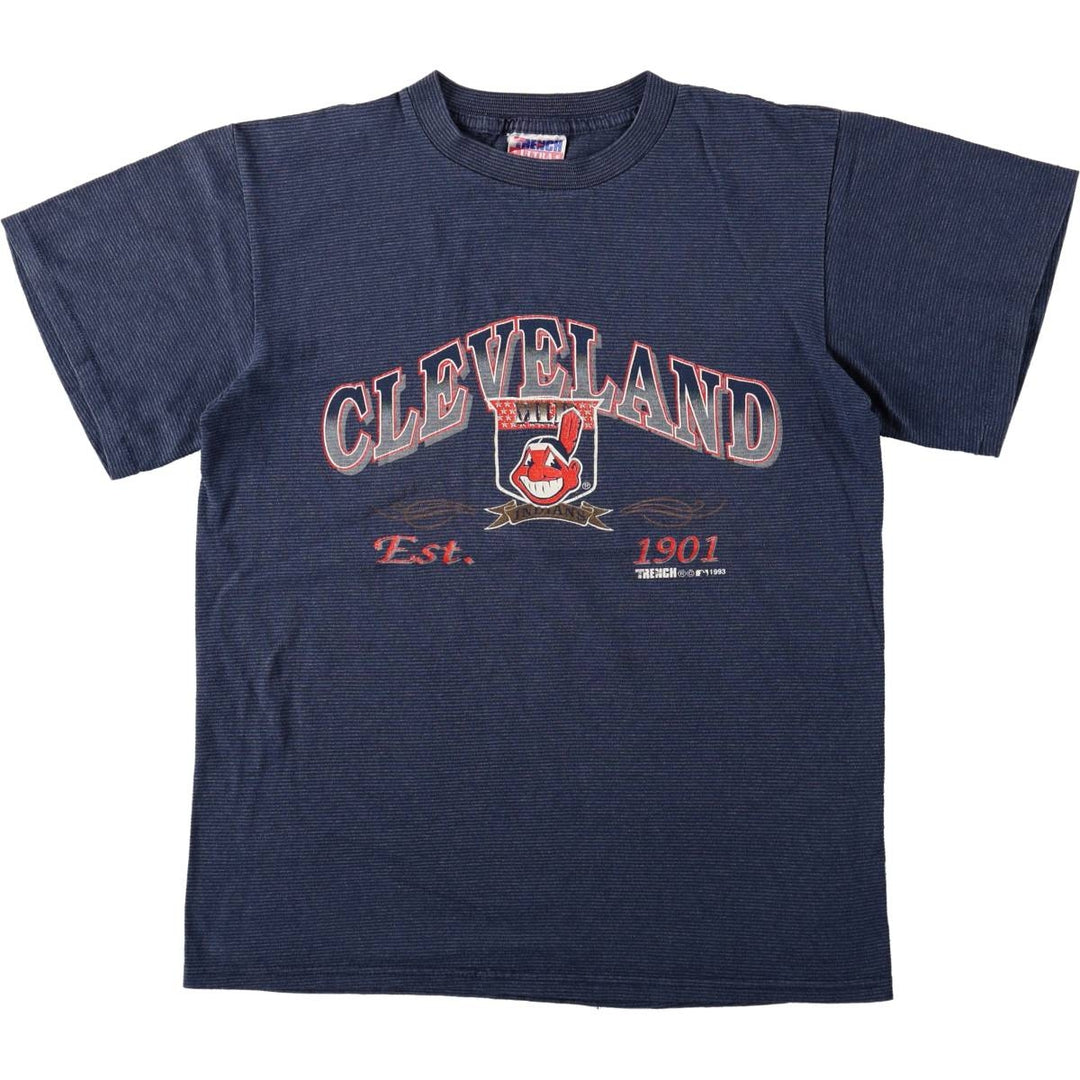 90'S TRENCH Cleveland Indians Border Pattern Sport Print T-Shirt, Made in USA, Men's Size M (Equivalent), Vintage cotton navy blue type Vintage Second Hand