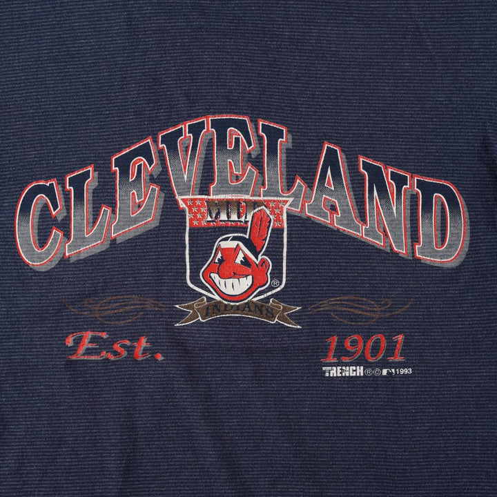 90'S TRENCH Cleveland Indians Border Pattern Sport Print T-Shirt, Made in USA, Men's Size M (Equivalent), Vintage cotton navy blue type Vintage Second Hand