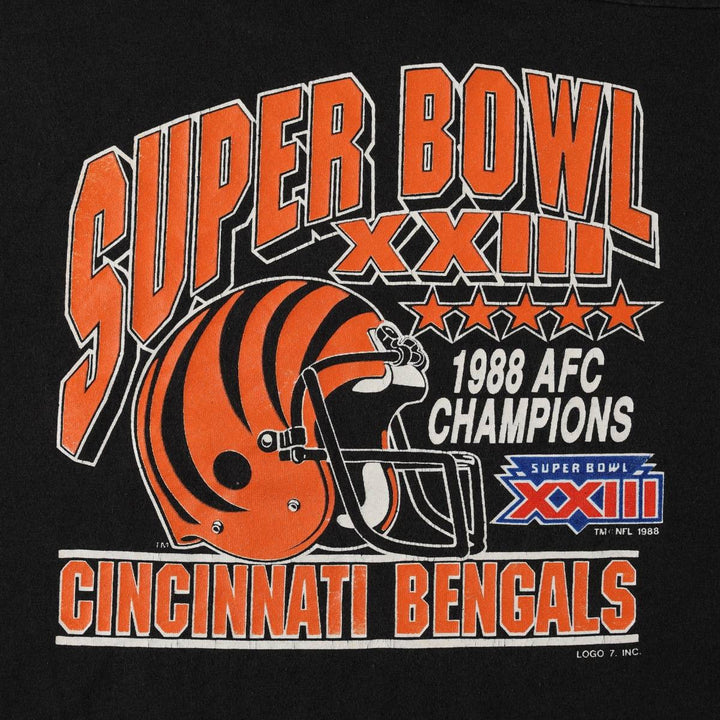 80'S Logo Seven Cincinnati Bengals SUPER BOWL XXIII Football 3/4 Sleeve T-Shirt, Men's Size L (Equivalent), Vintage unclear black type Vintage Second Hand