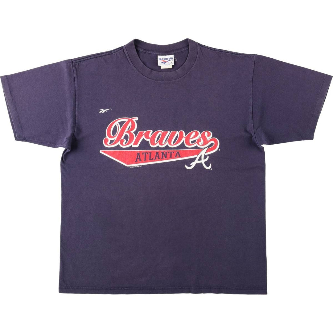 90'S Reebok MLB Atlanta Braves sports print T-shirt, Made in USA, Men's size L equivalent, Vintage cotton navy blue type Vintage Second Hand