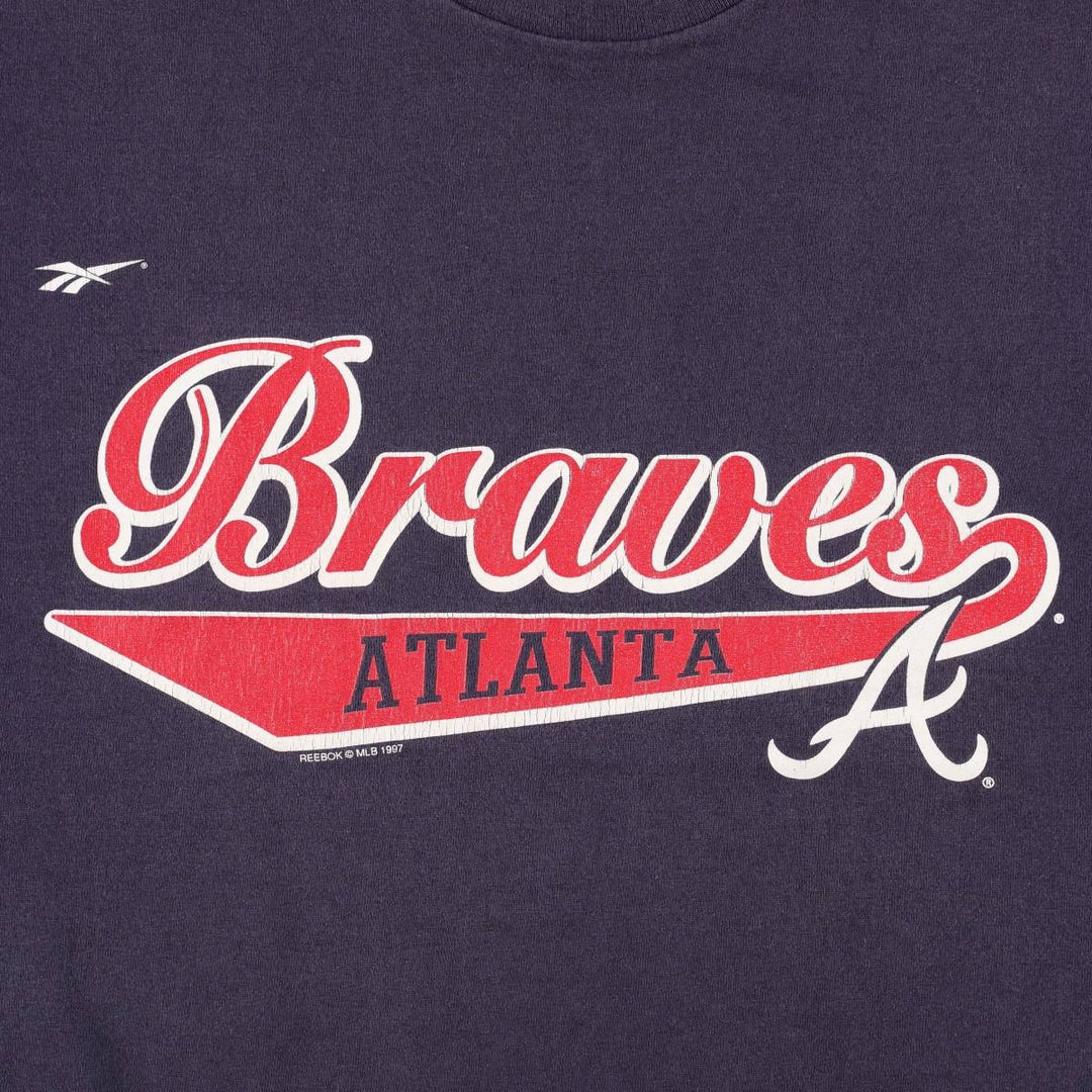 90'S Reebok MLB Atlanta Braves sports print T-shirt, Made in USA, Men's size L equivalent, Vintage cotton navy blue type Vintage Second Hand
