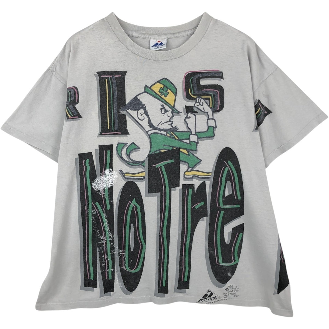 90'S APEX ONE Notre Dame University Fighting Irish College T-Shirt, Made in USA, Men's XL equivalent, Vintage cotton pale white type Vintage Second Hand