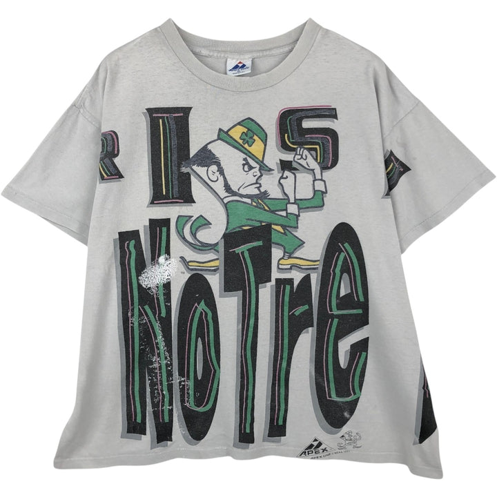 90'S APEX ONE Notre Dame University Fighting Irish College T-Shirt, Made in USA, Men's XL equivalent, Vintage cotton pale white type Vintage Second Hand