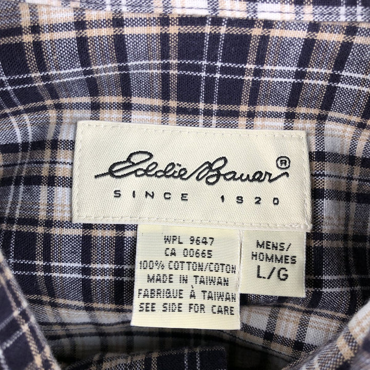 Eddie Bauer Long Sleeve Button-Down Check Shirt, Men's Size L cotton navy blue type Vintage Second Hand