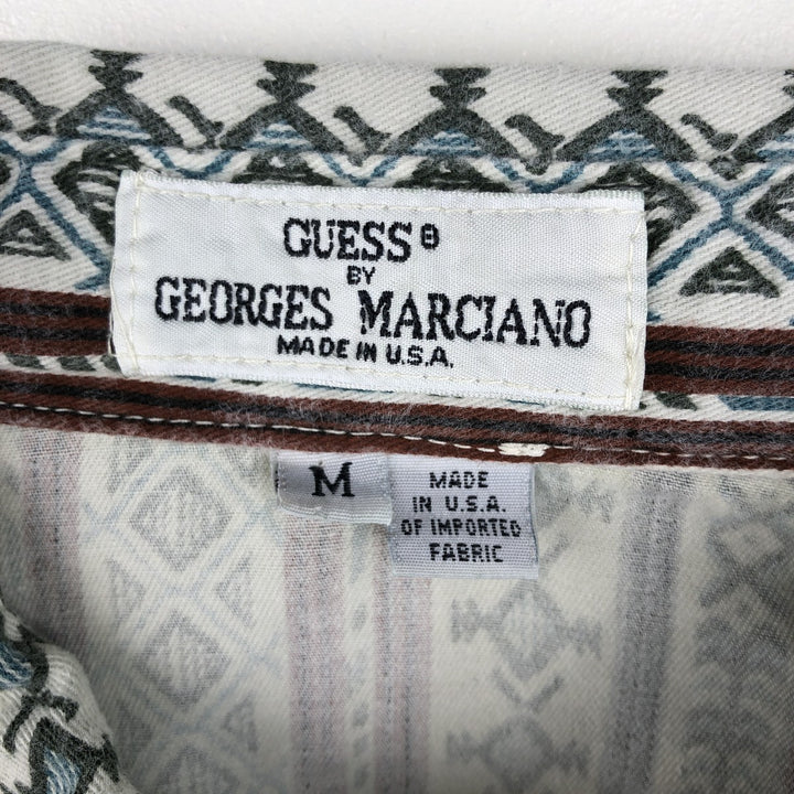 ~90'S Guess by Georges Marciano all-over Native American pattern long-sleeved button-down denim shirt, made in USA, men's size M equivalent, vintage. cotton white type Vintage Second Hand